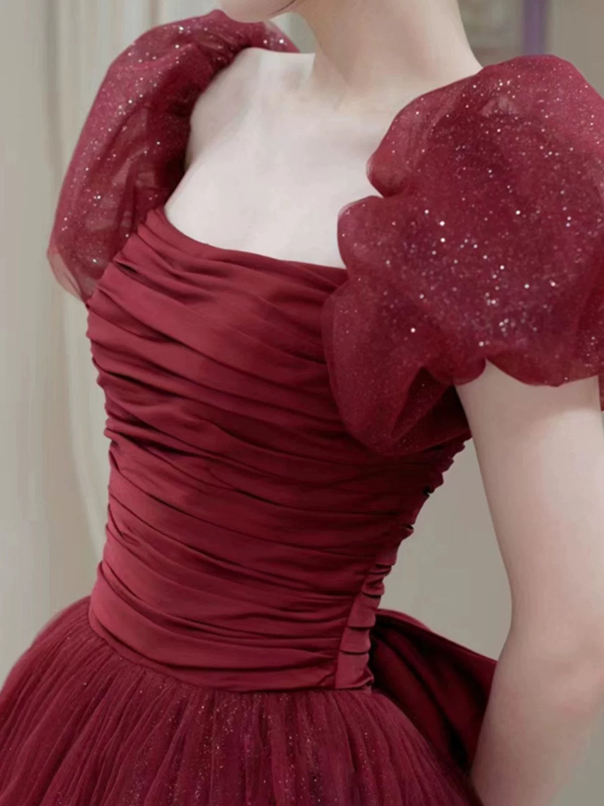 Elegant Ball Gown Sweetheart Burgundy Short Sleeves Long Prom Dress Evening Dresses C3263