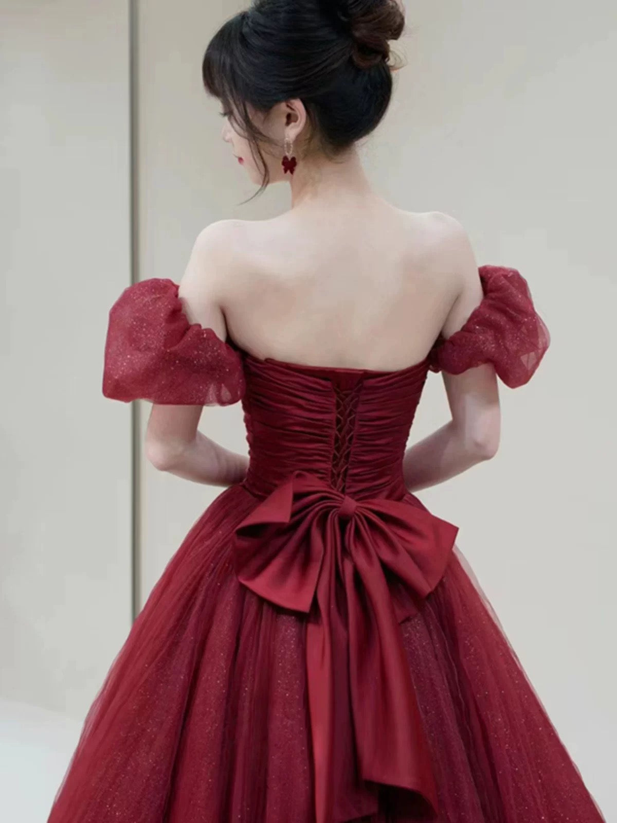 Elegant Ball Gown Sweetheart Burgundy Short Sleeves Long Prom Dress Evening Dresses C3263