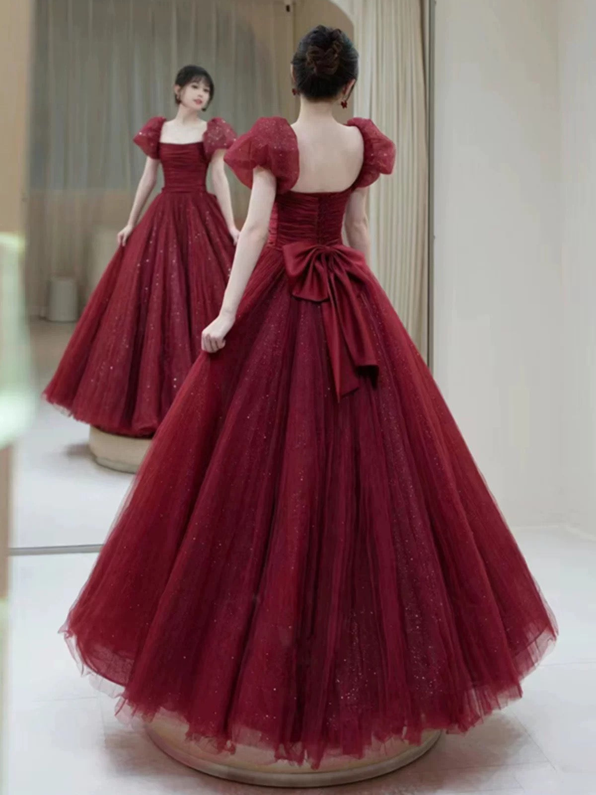Elegant Ball Gown Sweetheart Burgundy Short Sleeves Long Prom Dress Evening Dresses C3263