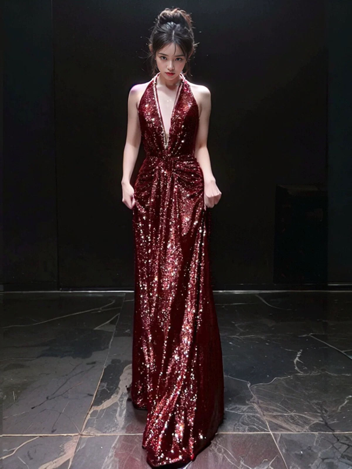 Sexy Mermaid V Neckline Burgundy Sequin Prom Dresses Evening Dress With Beads C3264