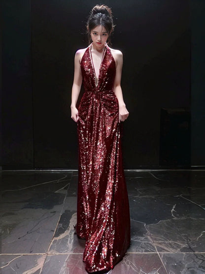 Sexy Mermaid V Neckline Burgundy Sequin Prom Dresses Evening Dress With Beads C3264