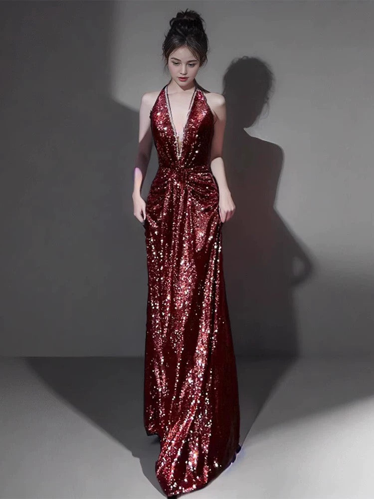Sexy Mermaid V Neckline Burgundy Sequin Prom Dresses Evening Dress With Beads C3264