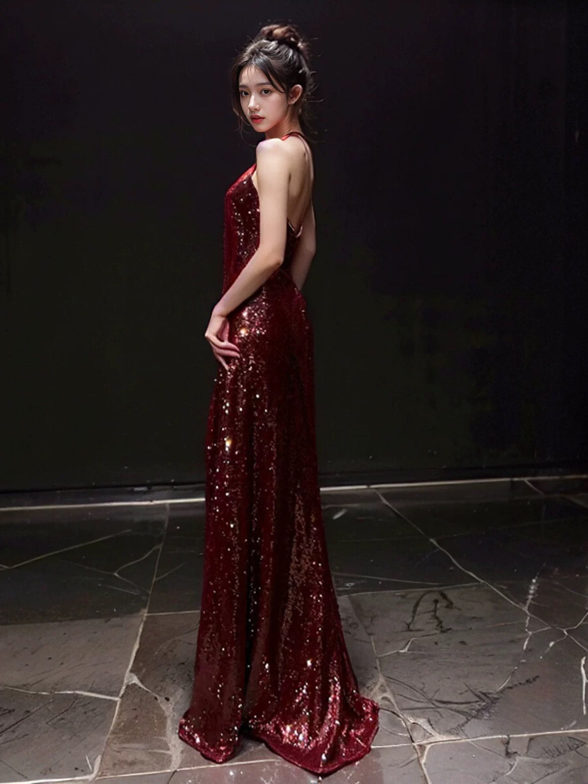 Sexy Mermaid V Neckline Burgundy Sequin Prom Dresses Evening Dress With Beads C3264