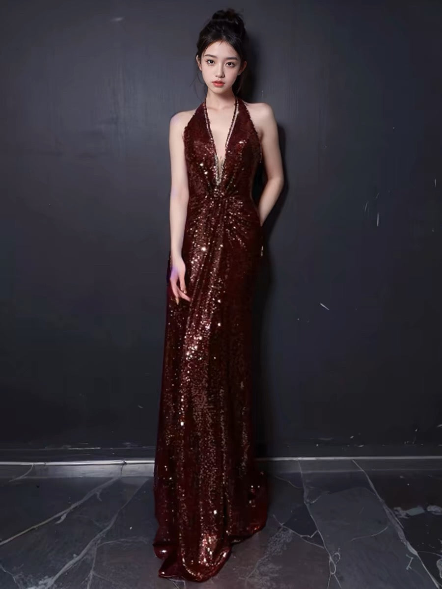 Sexy Mermaid V Neckline Burgundy Sequin Prom Dresses Evening Dress With Beads C3264