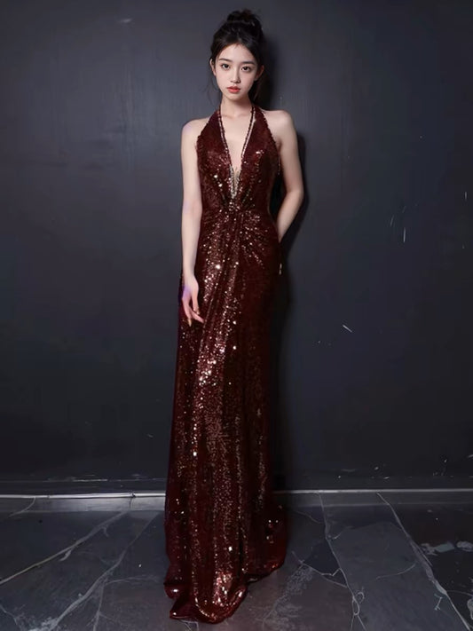 Sexy Mermaid V Neckline Burgundy Sequin Prom Dresses Evening Dress With Beads C3264