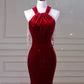 Sexy Mermaid Halter Red Velvet Long Prom Dresses Evening Dress C3266