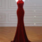 Sexy Mermaid Halter Red Velvet Long Prom Dresses Evening Dress C3266