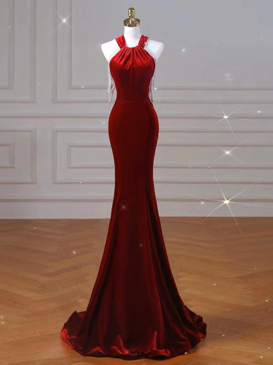 Sexy Mermaid Halter Red Velvet Long Prom Dresses Evening Dress C3266