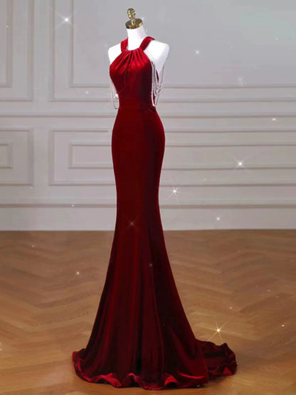 Sexy Mermaid Halter Red Velvet Long Prom Dresses Evening Dress C3266