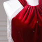 Sexy Mermaid Halter Red Velvet Long Prom Dresses Evening Dress C3266