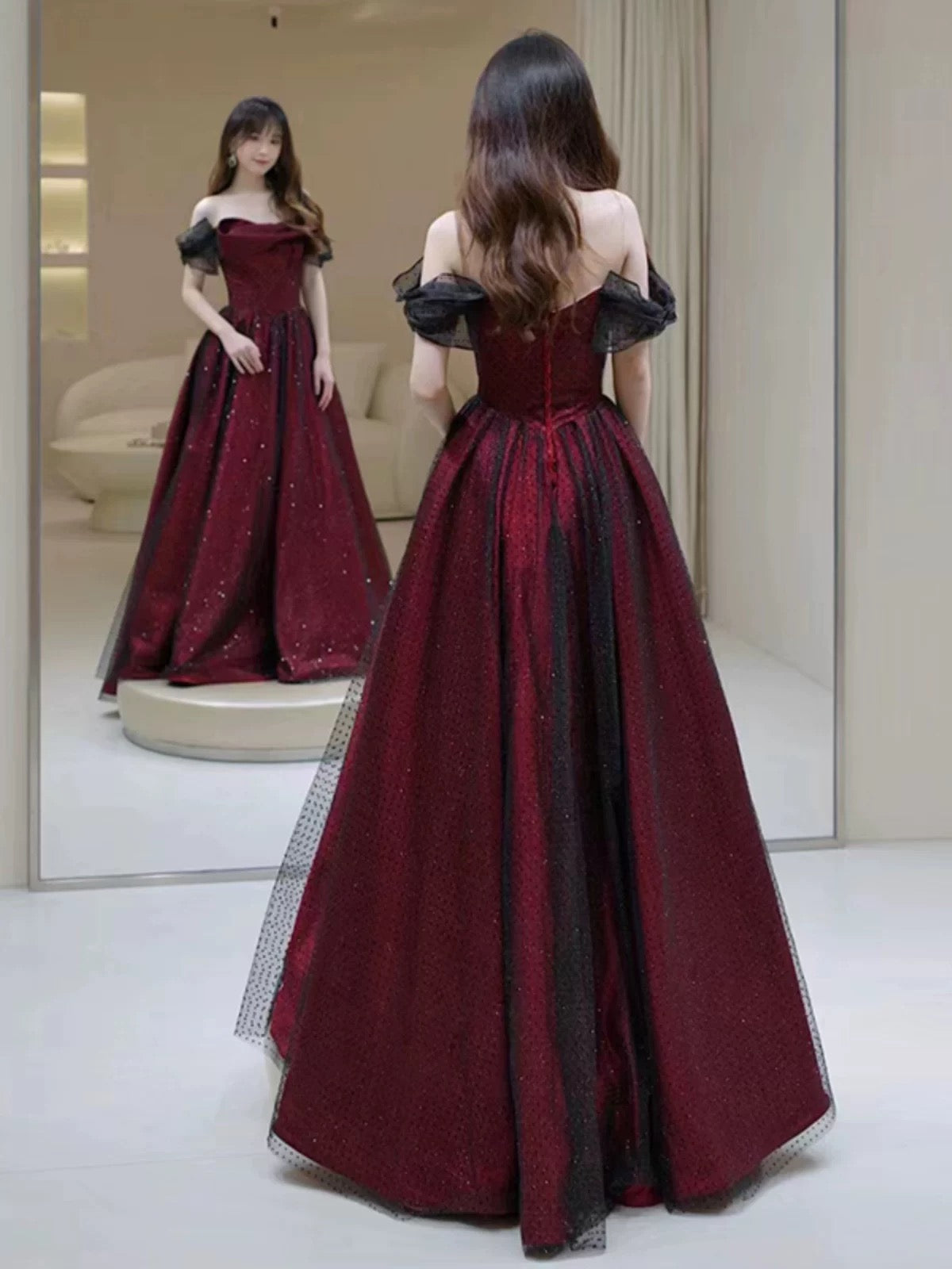 Sexy Ball Gown Off The Shoulder Red Tulle Long Prom Dresses Evening Dress C3267