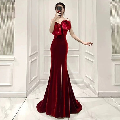 Elegant Mermaid Spaghetti Straps Burgundy Long Prom Dress Evening Dresses C3268
