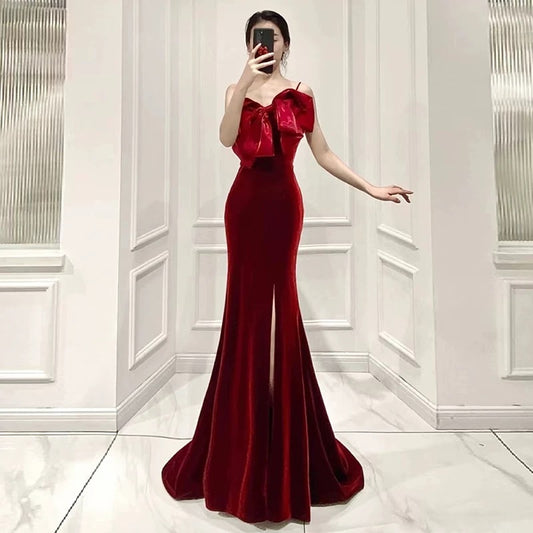 Elegant Mermaid Spaghetti Straps Burgundy Long Prom Dress Evening Dresses C3268