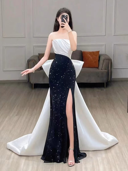 Robe de soirée longue élégante à paillettes noires et à bretelles style sirène C3269