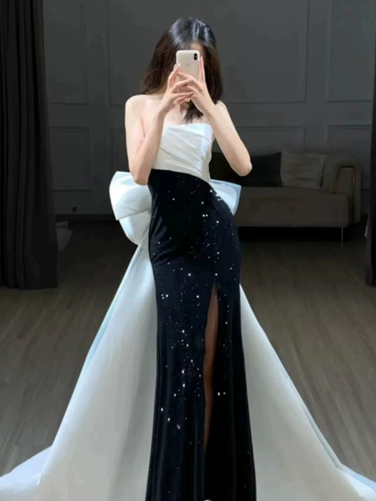 Robe de soirée longue élégante à paillettes noires et à bretelles style sirène C3269