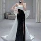 Robe de soirée longue élégante à paillettes noires et à bretelles style sirène C3269