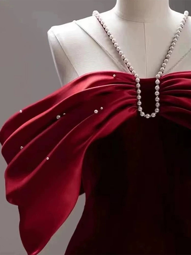 Elegant Mermaid Off The Shoulder Halter Burgundy Long Prom Dress Evening Dresses C3271