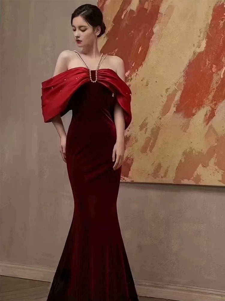 Elegant Mermaid Off The Shoulder Halter Burgundy Long Prom Dress Evening Dresses C3271