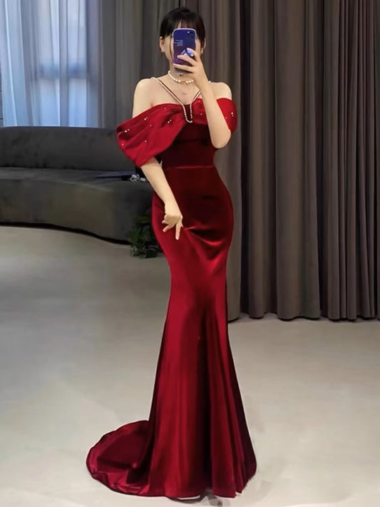 Elegant Mermaid Off The Shoulder Halter Burgundy Long Prom Dress Evening Dresses C3271
