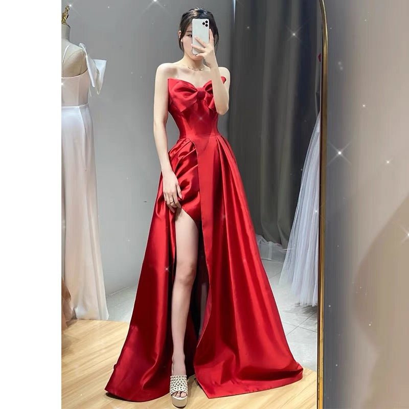 Elegant A line Sweetheart Red Satin Long Prom Dress Evening Dresses C3272