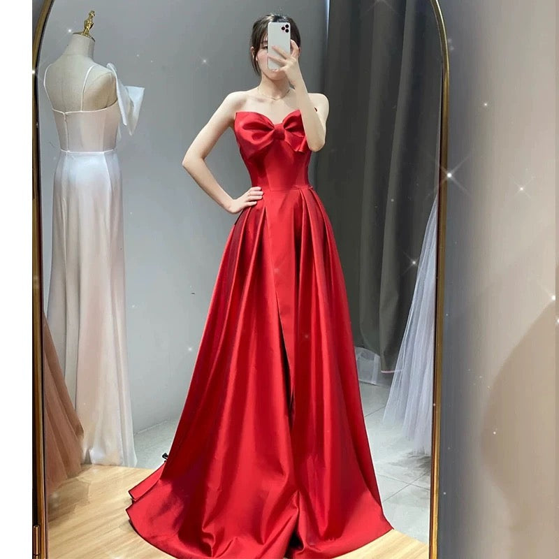 Elegant A line Sweetheart Red Satin Long Prom Dress Evening Dresses C3272