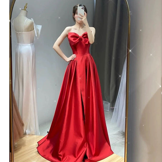 Elegant A line Sweetheart Red Satin Long Prom Dress Evening Dresses C3272