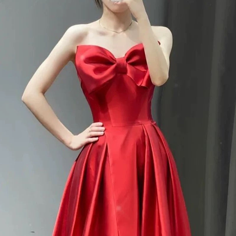 Elegant A line Sweetheart Red Satin Long Prom Dress Evening Dresses C3272