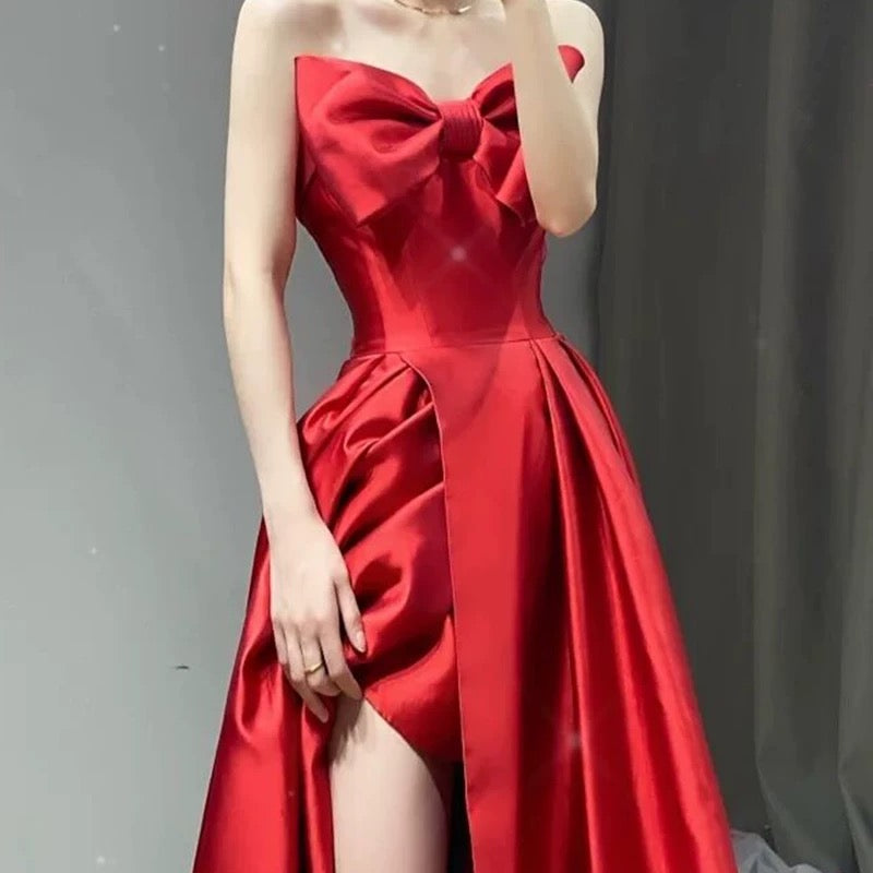 Elegant A line Sweetheart Red Satin Long Prom Dress Evening Dresses C3272