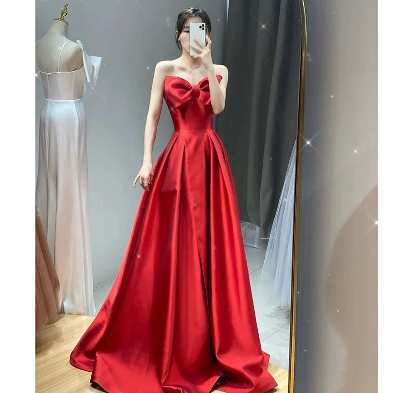 Elegant A line Sweetheart Red Satin Long Prom Dress Evening Dresses C3272