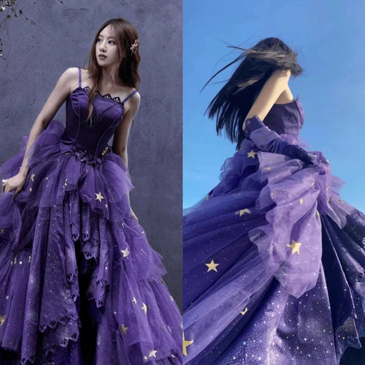 Elegant Ball Gown Strapless Purple Satin Long Prom Dress Evening Dresses C3273
