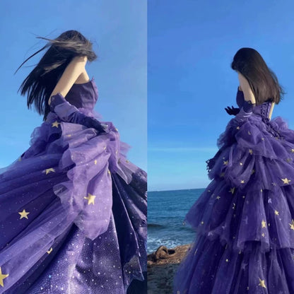 Elegant Ball Gown Strapless Purple Satin Long Prom Dress Evening Dresses C3273