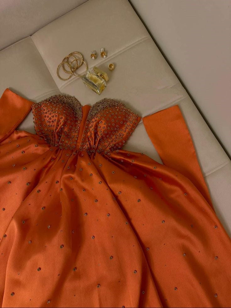 Classy A line Sweetheart Long Sleeves Orange Long Satin Party Dress Prom Dresses Evening Dress C3275
