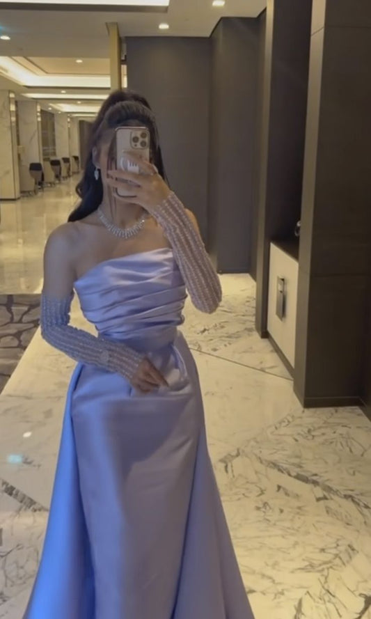 Classy Sheath Strapless Long Sleeves Lilac Long Satin Party Dress Prom Dresses Evening Dress C3276