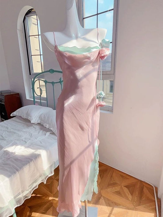 Cute A Line Spaghetti Straps Sleeveless Pink Long Prom Dresses Party Dress C3277
