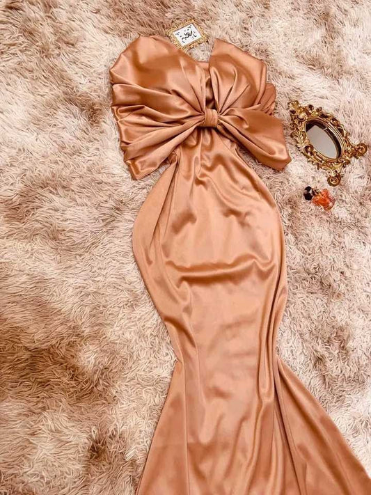 Classy Mermaid Strapless Gold Long Satin Party Dress Prom Dresses Evening Dress C3278