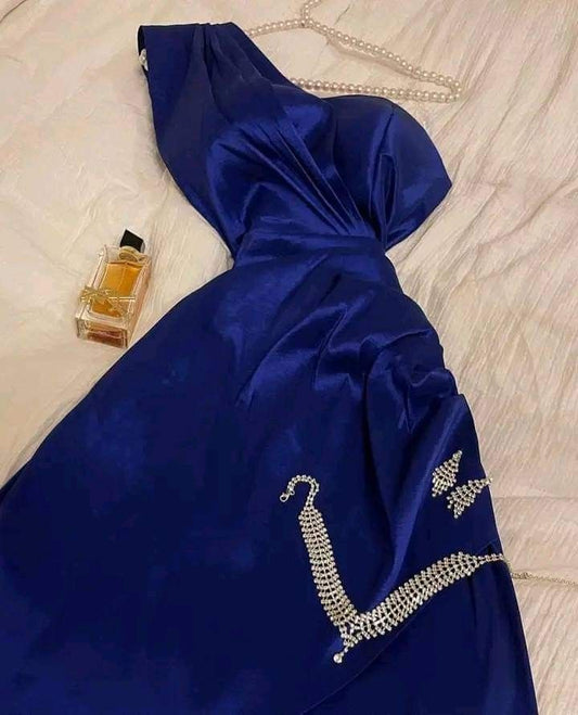 Classy A line One Shoulder Royal Blue Long Satin Party Dress Prom Dresses Evening Dress C3279