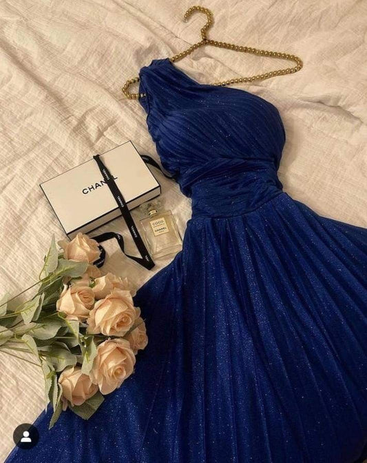 Classy A line One Shoulder Royal Blue Long Sequin Party Dress Prom Dresses Evening Dress C3280