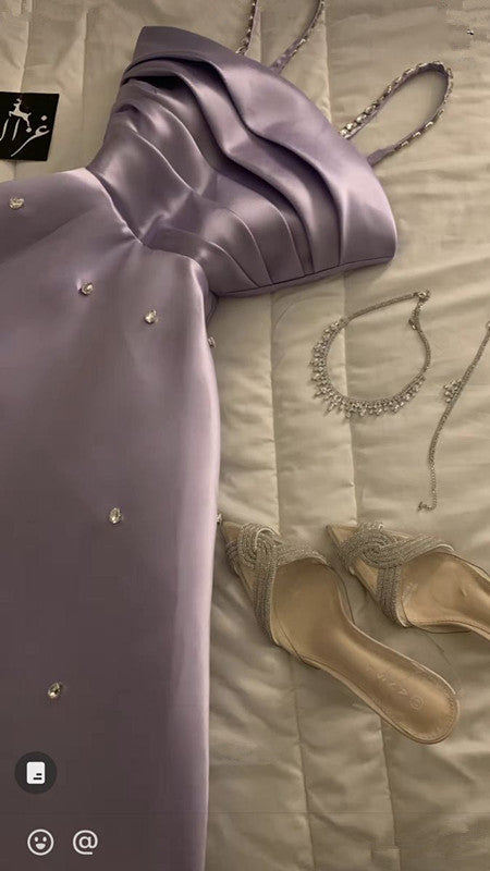 Cute A Line Spaghetti Straps Sleeveless Lilac Satin Beads Long Prom Dresses Party Dress C3282