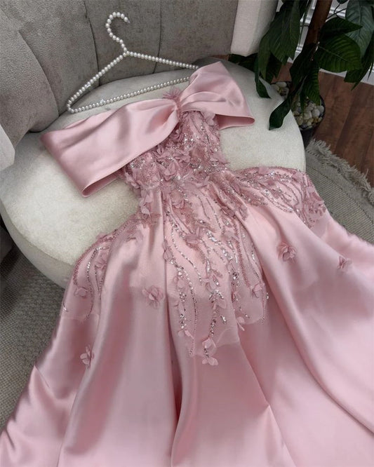 Cute A Line Off The Shoulder Pink Long Satin Beads Long Prom Dresses Party Dress C3283