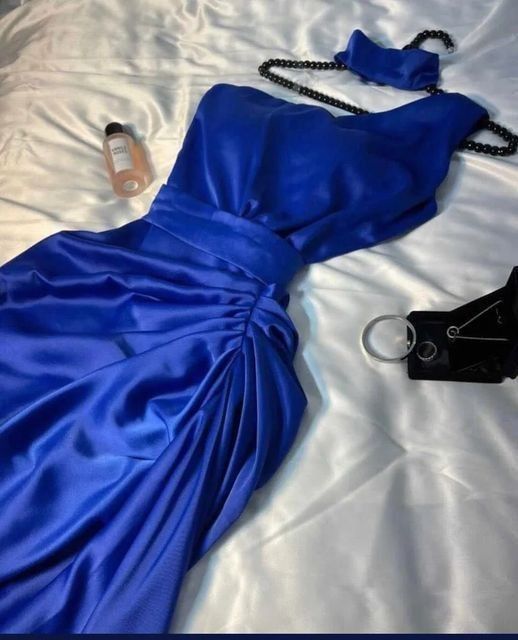 Classy A line One Shoulder Royal Blue Long Satin Pleated Party Dress Prom Dresses Evening Dress C3286
