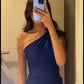 Classy Sheath One Shoulder Royal Blue Long Pleated Party Dress Prom Dresses Evening Dress C3288