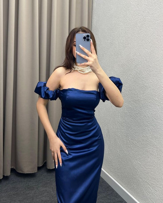 Sexy Sheath Off The Shoulder Royal Blue Long Satin Prom Dresses Party Dress C3289