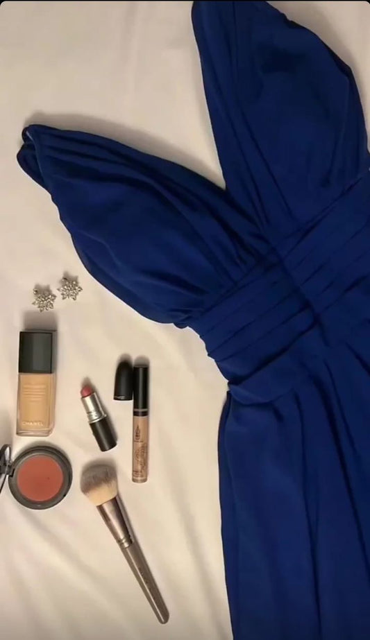 Classy A Line V Neckline Royal Blue Long Pleated Party Dress Chiffon Prom Dresses Evening Dress C3290