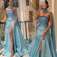 Robe de bal sexy sirène sans bretelles bleue avec perles longues robes de bal en satin robe de soirée C3292