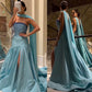 Robe de bal sexy sirène sans bretelles bleue avec perles longues robes de bal en satin robe de soirée C3292
