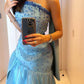 Robe de bal sexy sirène sans bretelles bleue avec perles longues robes de bal en satin robe de soirée C3292