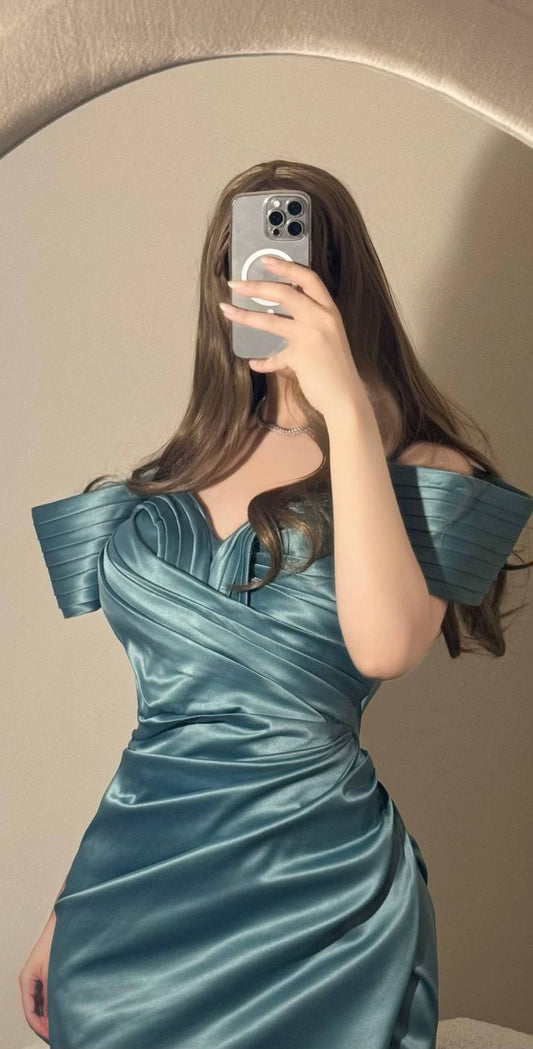 Sexy Mermaid Off The Shoulder Blue Prom Dress With Pleated Long Satin Prom Dresses Party Dress C3295
