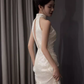 Robe de bal longue sirène blanche, décolleté haut, Vintage, C32