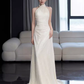 Robe de bal longue sirène blanche, décolleté haut, Vintage, C32