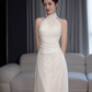 Robe de bal longue sirène blanche, décolleté haut, Vintage, C32